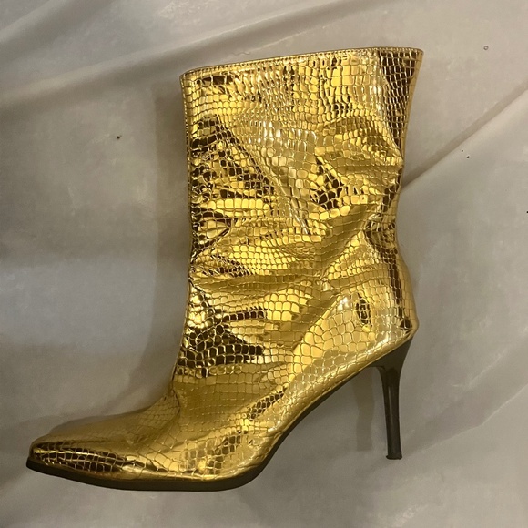 Gold Croc-Embossed Heeled Boots - Picture 1 of 9